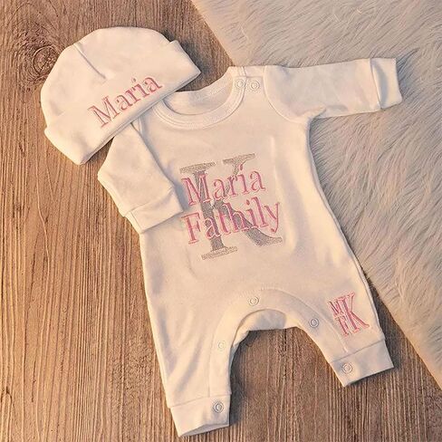 Personalized Baby Romper Hospital Gown Newborn Baby Coming Home Outfit with Custom Embroidery Name and Initial Infant Baby Sleeper Set Sleepwear Gift for Baby Shower (Style A) in Saudi Arabia