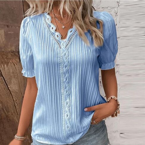 Women T Shirt V Neck Short Sleeve Lace Trim Top Dressy Casual Shirts Elegant Blouse Trendy Summer Tunic Soft Tshirts in Saudi Arabia