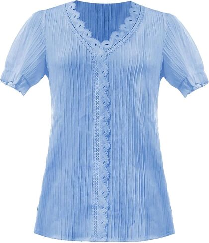 Women T Shirt V Neck Short Sleeve Lace Trim Top Dressy Casual Shirts Elegant Blouse Trendy Summer Tunic Soft Tshirts in Saudi Arabia