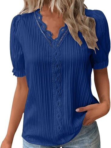 Women T Shirt V Neck Short Sleeve Lace Trim Top Dressy Casual Shirts Elegant Blouse Trendy Summer Tunic Soft Tshirts in Kuwait