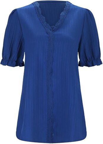 Women T Shirt V Neck Short Sleeve Lace Trim Top Dressy Casual Shirts Elegant Blouse Trendy Summer Tunic Soft Tshirts in Kuwait