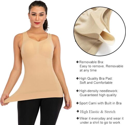 Womens Tank Tops Camisole with Built in Padded Bra Body Sculpting Vest Shelf Bra Wide Strap Sleeveless Tank Top in Saudi Arabia