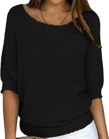JEsilunmaMY Women's Elegant Crewneck Sweater Top 3/4 Sleeve Loose Knit Pullover Tunic Blouse Solid Color Fall Fashion Clothes in Kuwait