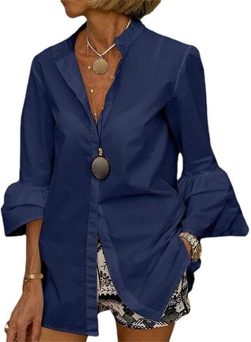 JEsilunmaMY Womens Flared Sleeve Casual Collared Shirt Sexy Button Down Dress Blouses Tops Loose Business Formal Shirts in Saudi Arabia