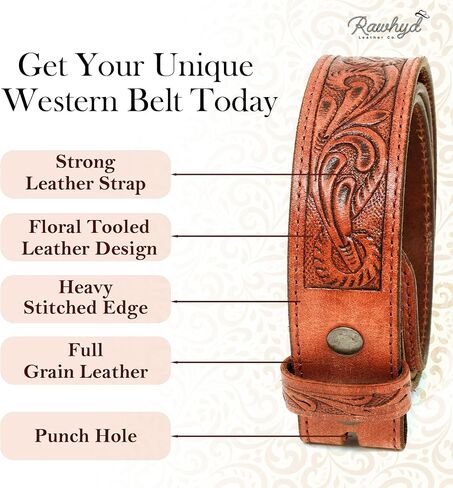 RAW HYD Leather Western Belts for Men - Cowboy Belts for Men - Mens Western Belt w/Buckle - 1.5" Wide Mens Cowboy Belt in Kuwait