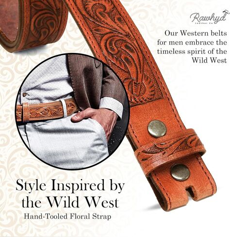 RAW HYD Leather Western Belts for Men - Cowboy Belts for Men - Mens Western Belt w/Buckle - 1.5" Wide Mens Cowboy Belt in Kuwait
