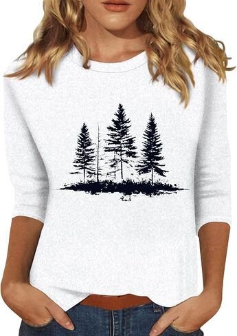 3/4 Sleeve Tops for Women Crew Neck Beach Vacation Tshirts Floral Printed Fashion Tops Casual Trendy Blouses in Saudi Arabia