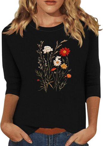 3/4 Sleeve Tops for Women Crew Neck Beach Vacation Tshirts Floral Printed Fashion Tops Casual Trendy Blouses in Saudi Arabia
