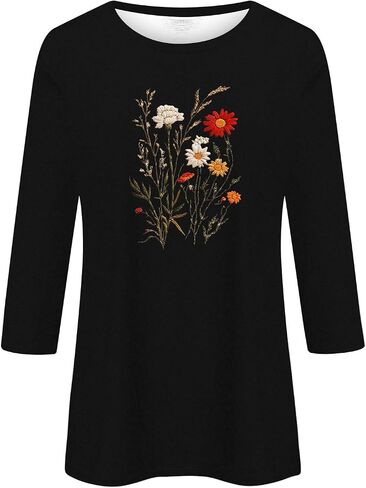 3/4 Sleeve Tops for Women Crew Neck Beach Vacation Tshirts Floral Printed Fashion Tops Casual Trendy Blouses in Saudi Arabia