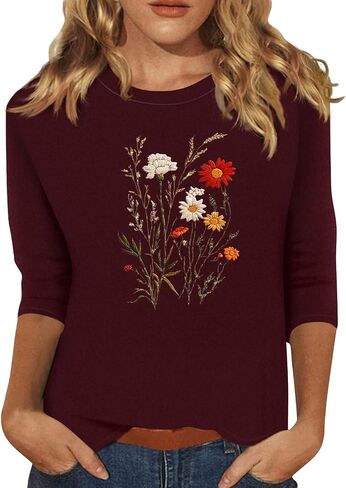 3/4 Sleeve Tops for Women Crew Neck Beach Vacation Tshirts Floral Printed Fashion Tops Casual Trendy Blouses in Saudi Arabia