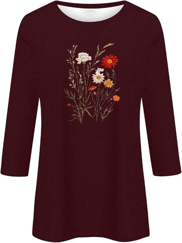 3/4 Sleeve Tops for Women Crew Neck Beach Vacation Tshirts Floral Printed Fashion Tops Casual Trendy Blouses in Saudi Arabia