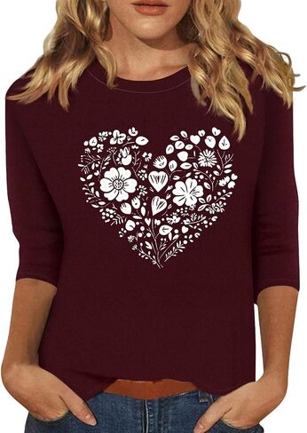 3/4 Sleeve Tops for Women Crew Neck Beach Vacation Tshirts Floral Printed Fashion Tops Casual Trendy Blouses in Saudi Arabia
