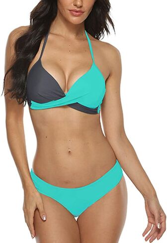 Women's 2 Piece Bathing Suits Sexy Printing Crop Top High Waisted Swimwear Color Block Cross Wrap Ruched Bikini Set in Saudi Arabia