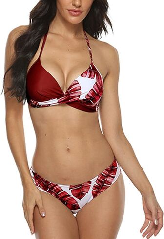 Women's 2 Piece Bathing Suits Sexy Printing Crop Top High Waisted Swimwear Color Block Cross Wrap Ruched Bikini Set in Saudi Arabia