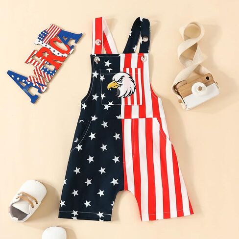 Toddler Baby Boy Girl 4th of July Outfit American Flag Overalls Pocket Suspender Romper Kids Patriotic Day Jumpsuits in Saudi Arabia