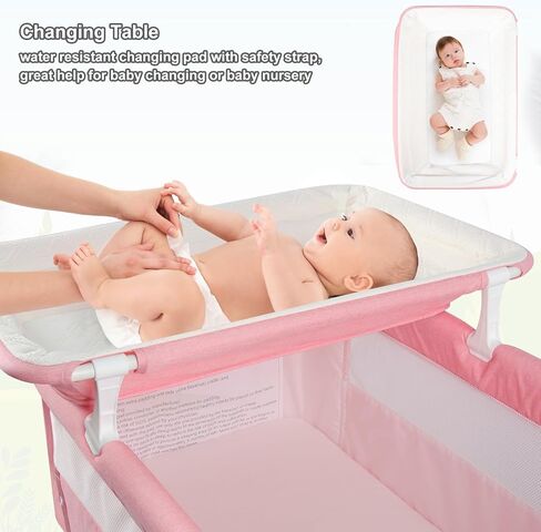 BABY BASSINET SEIDER مع محطة تغيير حفاضات + صافي البعوض + 16GALLON تخزين السعة ، قابلة للتعديل ومحمولة سرير BASSLEEPING BABY (وردي) in Saudi Arabia
