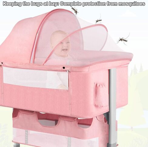 BABY BASSINET SEIDER مع محطة تغيير حفاضات + صافي البعوض + 16GALLON تخزين السعة ، قابلة للتعديل ومحمولة سرير BASSLEEPING BABY (وردي) in Saudi Arabia