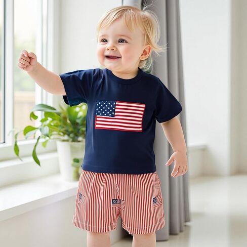 4th Of July Toddler Baby Boy Outfit American Flag T Shirt Top Shorts 2Pcs Set Kids Boys Summer Patriotic Clothes in Saudi Arabia
