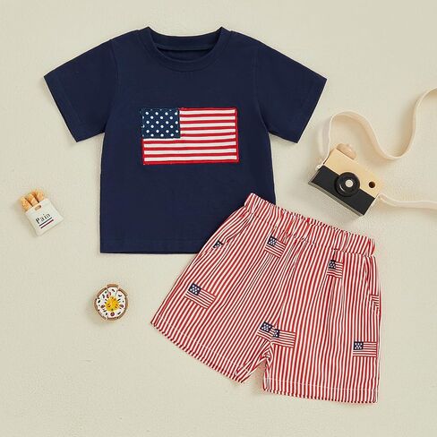 4th Of July Toddler Baby Boy Outfit American Flag T Shirt Top Shorts 2Pcs Set Kids Boys Summer Patriotic Clothes in Saudi Arabia