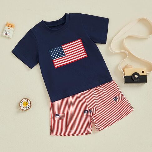 4th Of July Toddler Baby Boy Outfit American Flag T Shirt Top Shorts 2Pcs Set Kids Boys Summer Patriotic Clothes in Saudi Arabia