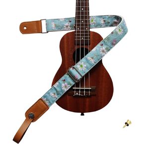 MUSIC FIRST Original Design Vintage Blue “Daisy" Soft Muslin & Genuine Leather Ukulele Strap Ukulele Shoulder Strap With a Genuine Leather Strap Locker