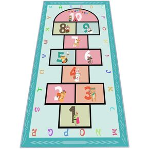 Hopscotch Rug 63"x31, Hop and Count Game Rug with Colorful Alphabet and Animals Design Anti-Slip Kids Play Mat, Soft Floor Area Rug & Carpet Playroom Bedroom Living Room