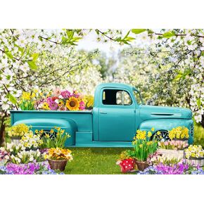 SJOLOON Spring Flowers Backdrop Kids Easter Photo Backdrop Blue Truck Grass for Easter Party Decoration Baby Shower 12535 (7x5FT)