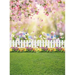 Allenjoy 6x8ft Spring Easter Garden Photography Fabric Backdrop Green Grass Lawn Pink Floral Butterfly Fence Background Baby Girl Kids Children Portrait Party Decorations Photo Booth Studio Props