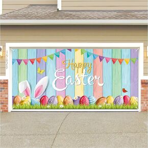 Easter Garage Door Decoration Happy Easter Garage Door Banner Large Easter Bunny Egg Spring Flower Cover Background Decal for Outdoor Indoor Hanging Party Supplies 6 x 13 ft