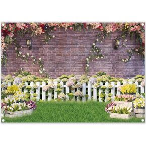 7x5ft Fabric Easter Spring Garden Photography Backdrop Flower Fence Rose Pink Brick Wall Background Floral Kids Newborn Baby Portrait Photo Booth Props