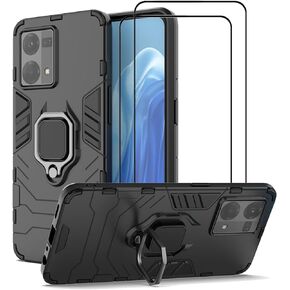 Compatible with Oppo Reno 7 4G Case Kickstand with Tempered Glass Screen Protector [2 Pieces], Hybrid Heavy Duty Armor Dual Layer Anti-Scratch Phone Case Cover, Black