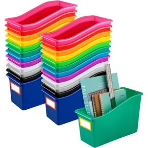 Jinei 24 Pack Book Bins for Classroom Bulk Book and Binder Holders with Name Labels Assorted Color Plastic Classroom Organization Book Bins Baskets Boxes Teacher Storage Bins for Classroom Home Office
