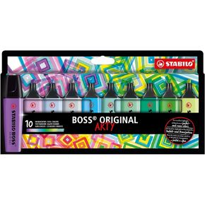STABILO Highlighter BOSS ORIGINAL - ARTY - Pack of 10 - Cool Colors, Chisel Tip, Anti-Dry Out Technology