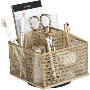 BLU MONACO Gold 360° Rotating Desk Organizer – 7-Compartment Supply Holder, Spinning Pencil & Pen Caddy, Makeup Brush & Art Supply Storage