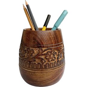 Mie Creations Designer Pencil Holder for Desk Wood | Paintbrush Cup, Desk Accessories, Cute Make Up Brush Organizers | Office Desktop, Wooden Pen Stand | Stationery, Christmas Holiday Gift- 4'' Brown