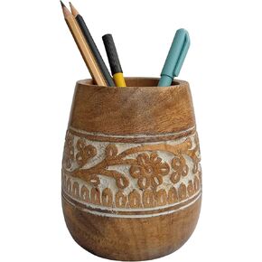 Mie Creations Designer Pencil Holder for Desk Wood | Paintbrush Cup, Desk Accessories, Cute Make Up Brush Organizers | Office Desktop, Wooden Pen Stand | Stationery, Christmas Holiday Gift- 4'' Brown