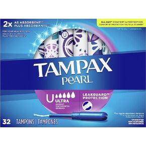 Tampax Pearl Tampons Ultra Absorbency with Leakguard Braid, Unscented, 32Count