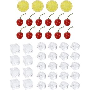 3D Artificial Fruit Ice Rocks Set 4 Pcs Realistic Lemon Slices, 12 Pcs Artificial Cherry, 8 Pcs Square Ice Rocks, 20 Pcs Crushed Ice, Lifelike Fake Fruit Decor, for Wedding Photography
