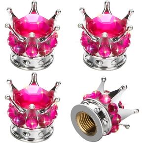 OTOSTAR Bling Tire Valve Stem Caps, 4 Pack Pure Handmade Rhinestones Universal Crown Car Wheel Tire Valve for Car, Bicycle, Motorcycle, Attractive Dustproof Bling Car Accessories (Silver/Pink)