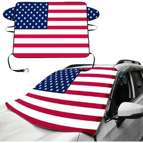 1 PC American Flag Car Windshield Snow Cover, 66.9In x 47.2In Durable Oxford Vehicle Front Window Winter Protection, Universal Foldable Waterproof Accessories for SUVs Trucks Cars (Red)