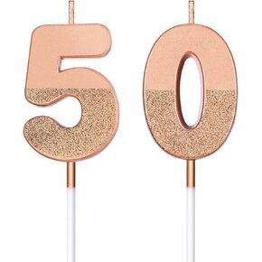 50th Birthday Candles Glitter Cake Numeral Candles 50th Birthday Cake Topper Decoration for Birthday Wedding Anniversary Celebration Favor, Rose Gold