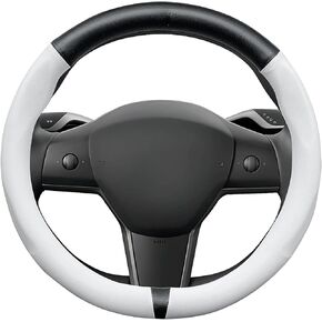 Steering Wheel Cover for Tesla Model 3/Y, Non-Slip and Breathable Nappa Leather, Black Steering Wheel Covers for Model 3/Y Accessories (Black & White Nappa)