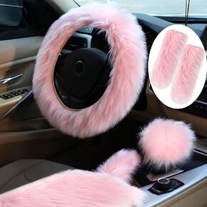 Tallew 6 Pieces Fluffy Steering Wheel Covers Winter Wool Fur Handbrake Cover Warm Gear Steering Wheel Cover Console Seat Belt Shoulder Pads Accessories Furry Non-slip Car Decor