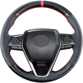 DIY Stitching Carbon Fiber Steering Wheel Cover for Toyota RAV4 SUV Avalon 2019-2021 / for Toyota Camry 2018-2021 / for Corolla 2020 2021 15 inches Black Leather Interior Accessories