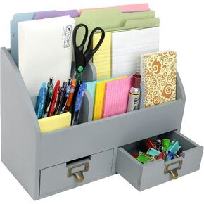 Excello Global Products Rustic Wood Office Desk Organizer: Includes 6 Compartments and 2 Drawers to Organize Desk Accessories, Mail, Pens, Notebooks, Folders, Pencils and Office Supplies (Brown)