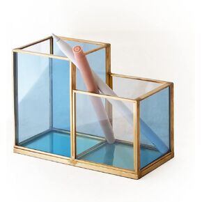 4-Compartment Desk Organizer Tray, Pen Holder for Home Office Supplies, Blue Glass with Gold Brass Trim, Corner Desk Organizer Tray for Bath Accessories.