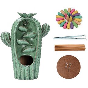 Backflow Incense Burner Holder Cactus Waterfall Home Decor Porcelain with Incense Cone Sticks Holder Incense Sticks Backflow Incense Cones Mat Tweezer Gift Set (3)