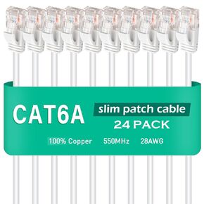 كابل إيثرنت Cat 6A بطول 1 قدم (24 حزمة) - كابل تصحيح Cat6a 28AWG بسرعة 10 جيجابت في الثانية لمراكز البيانات، وكابلات تصحيح الشبكة للشبكة المنزلية والمؤسسات (أبيض، 1FT 24 حزمة)