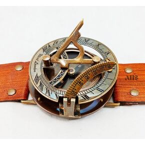 Antique Finish Brass Sundial Clock Compass Leather Wrist Band Watch Vintage Style Nautical Collectible Handmade Sundial Compass Gifts for Men