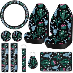 10 Pcs Cactus Car Seat Covers Full Set for Women Men Cute Steering Wheel Cover Cactus Print Front Seat Cover Belt Pad Armrest Pad Cover Car Keychain Wrist Holder for Universal Car SUV Truck
